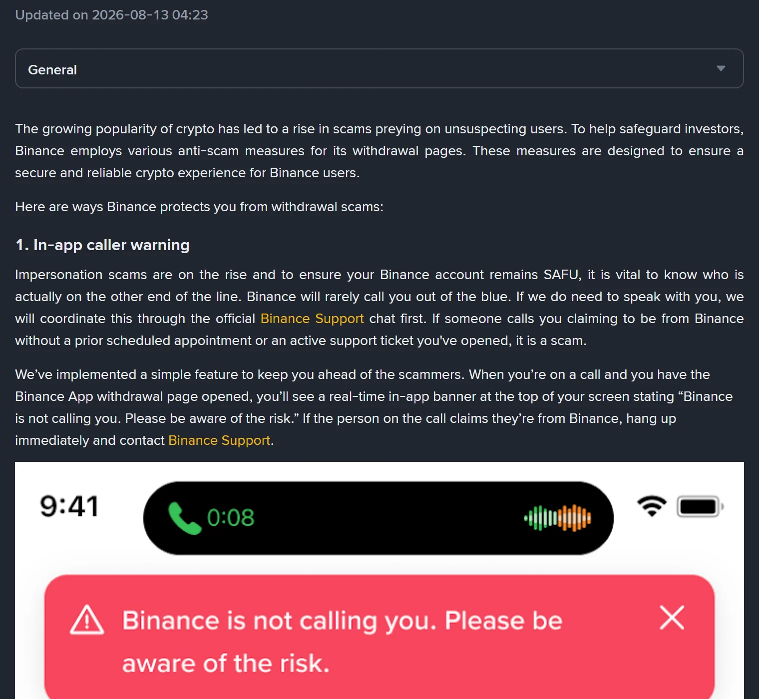 Binance апп дээр дуудлагын үеэр гарч ирэх улаан анхааруулга: "Binance is not calling you. Please be aware of the risk." гэсэн текст