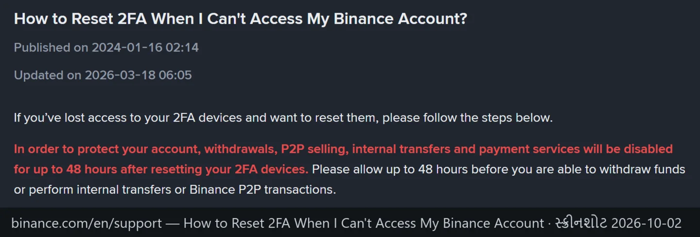 Binance ની "How to Reset 2FA When I Can't Access My Binance Account" પેજ, જેમાં ઉપાડ, P2P વેચાણ અને internal transfer 48 કલાક બંધ રહેવાનું વાક્ય લાલ રંગે છે