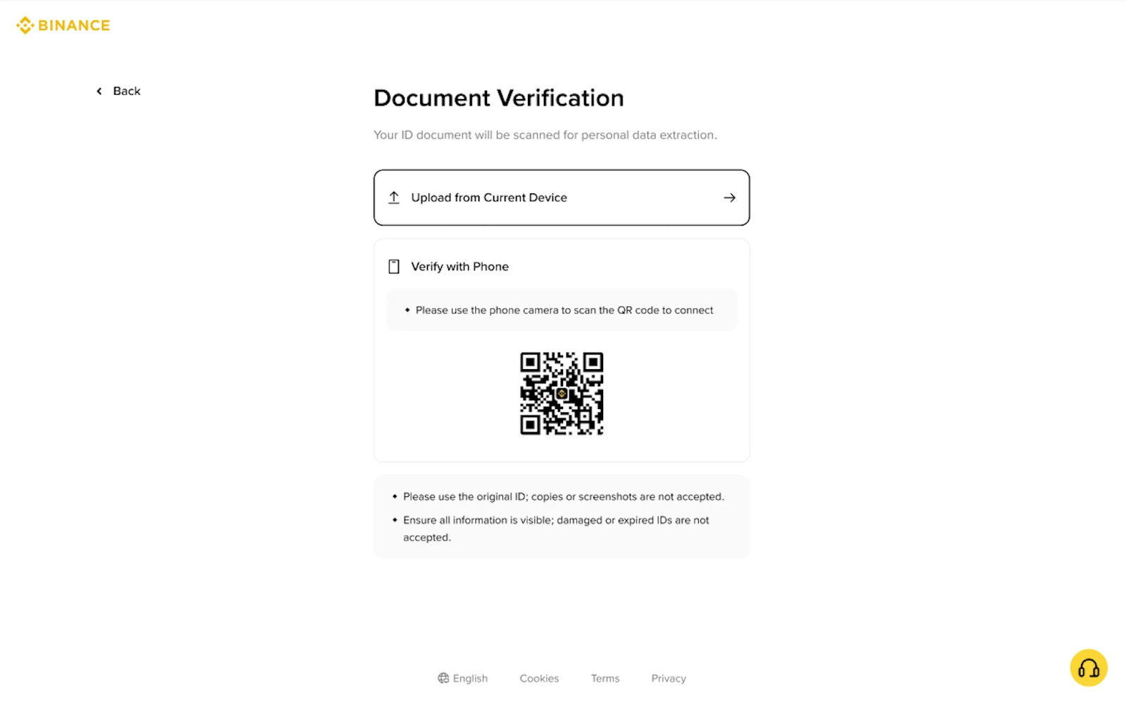 Binance official Document Verification дэлгэц нь current device upload, phone verification болон original ID, visible information, valid undamaged document шаардлагыг харуулж байна