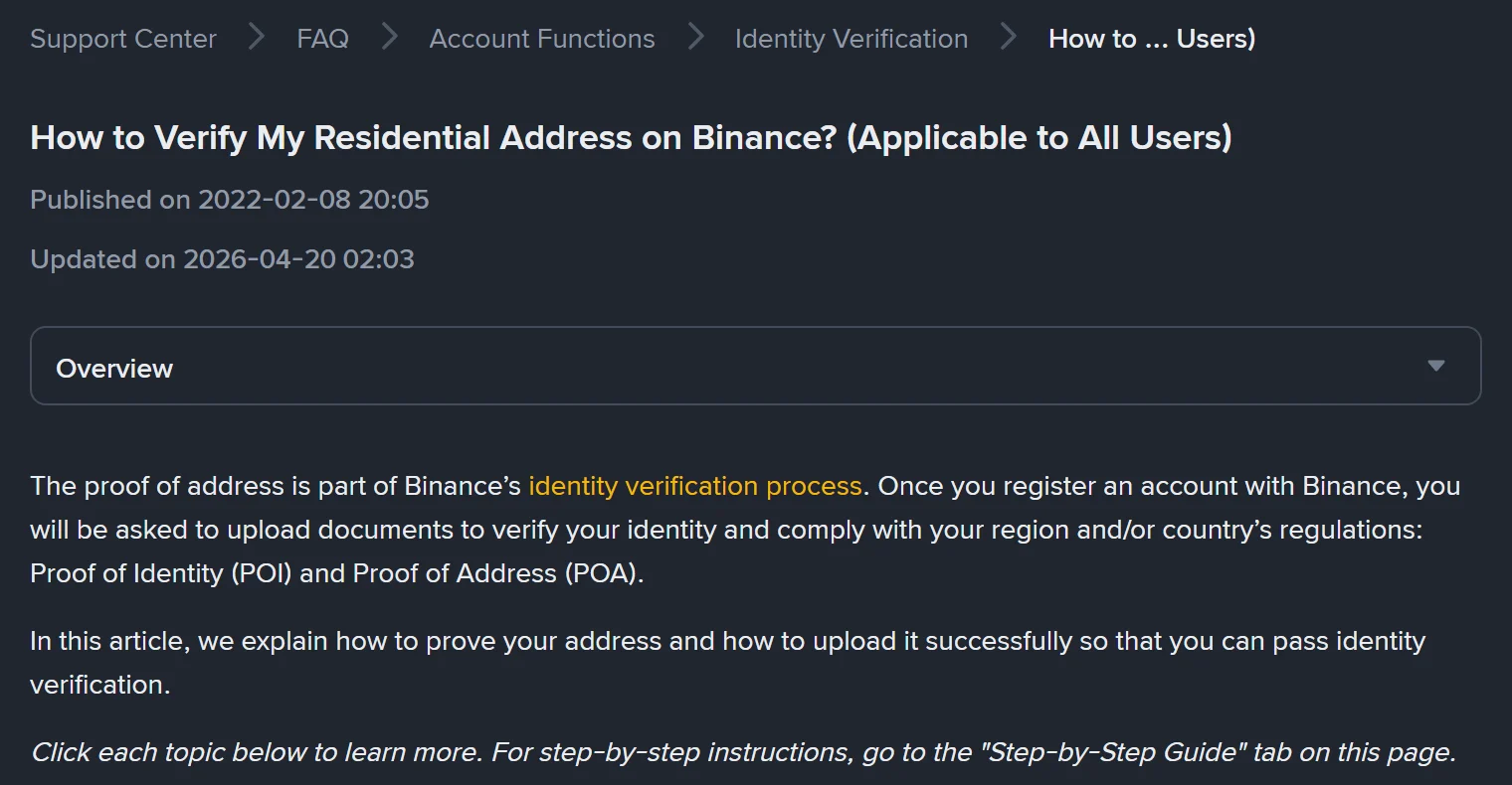 Binance હેલ્પ સેન્ટરનું પાનું “How to Verify My Residential Address on Binance? (Applicable to All Users)”, જેમાં પ્રકાશન તારીખ 2022-02-08 અને છેલ્લી અપડેટ 2026-04-20 દેખાય છે