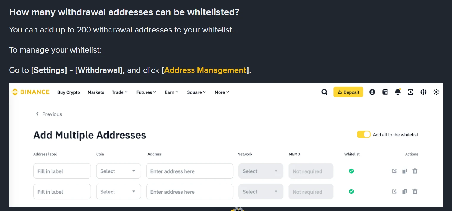 Binance ના સત્તાવાર પાના પર “You can add up to 200 withdrawal addresses to your whitelist” લખાણ અને Add Multiple Addresses નું કોષ્ટક