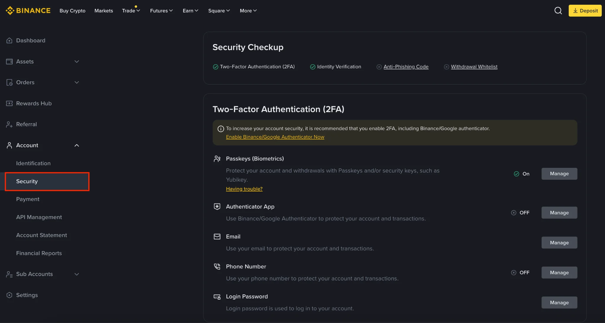 Binance-ийн бодит Security page: Security Checkup, 2FA, Passkeys, Authenticator App, Email, Phone Number болон Login Password хэсгүүд