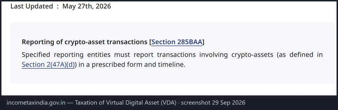 Income Tax Department ના VDA પાના પર Section 285BAA ટેબ: નિર્દિષ્ટ reporting entities એ crypto-asset ના વ્યવહાર નિયત ફોર્મ અને સમયમર્યાદામાં જણાવવાના રહેશે