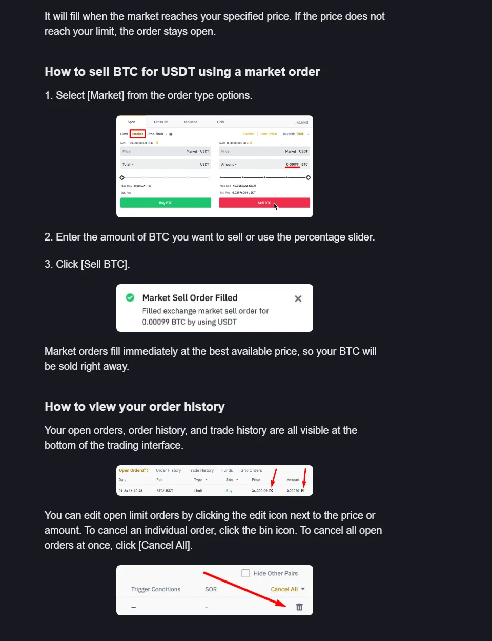 Binance 官方 Spot 指南中的 Market 下單示例,Market 標籤、賣出數量、成交提示與訂單紀錄清晰可見