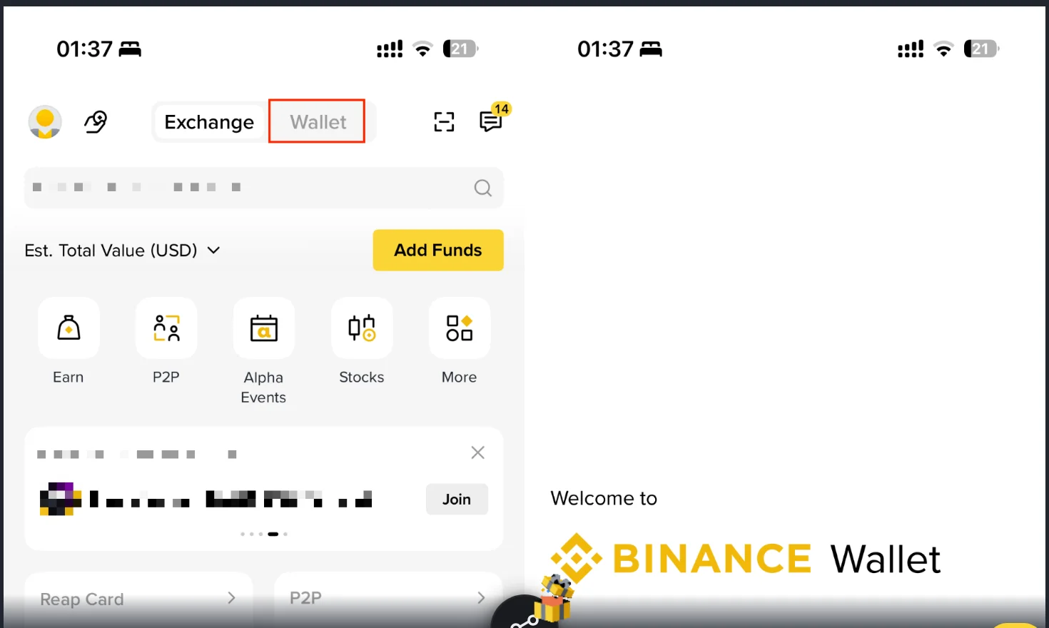幣安 App 首頁頂部的 Exchange 與 Wallet 兩個分頁，Wallet 分頁被紅框標出，右側是幣安錢包的歡迎畫面