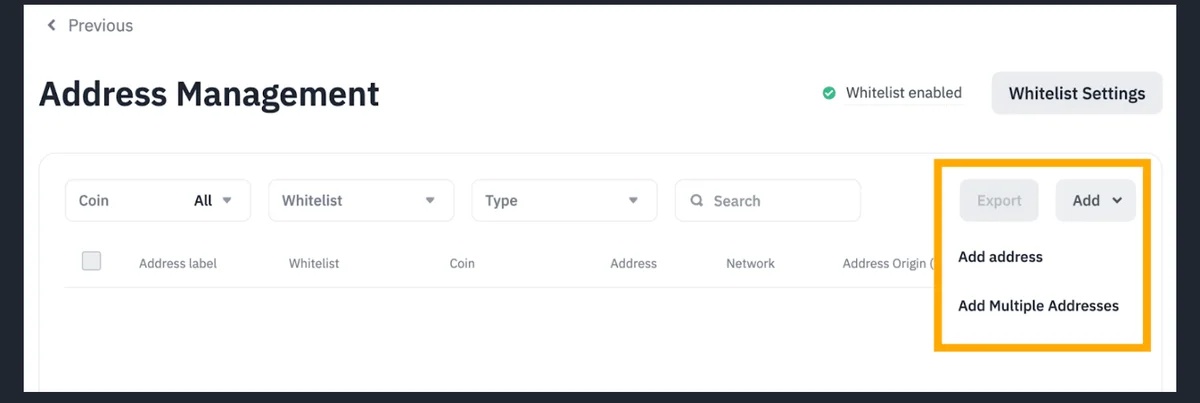 幣安 Address Management 頁面，右上角顯示 Whitelist enabled，Add 下拉選單展開 Add address 與 Add Multiple Addresses 兩個選項，列表欄位含 Address label、Whitelist、Coin、Address、Network、Address Origin