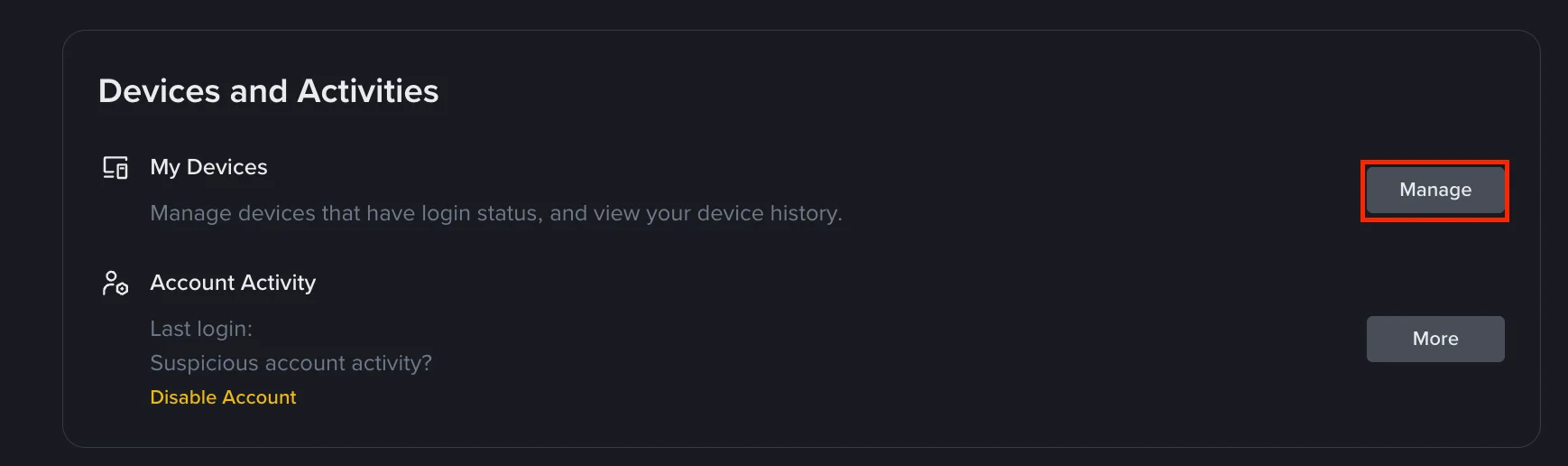 Binance-ийн бодит Devices and Activities хэсэг: My Devices, Account Activity, Manage, More болон Disable Account