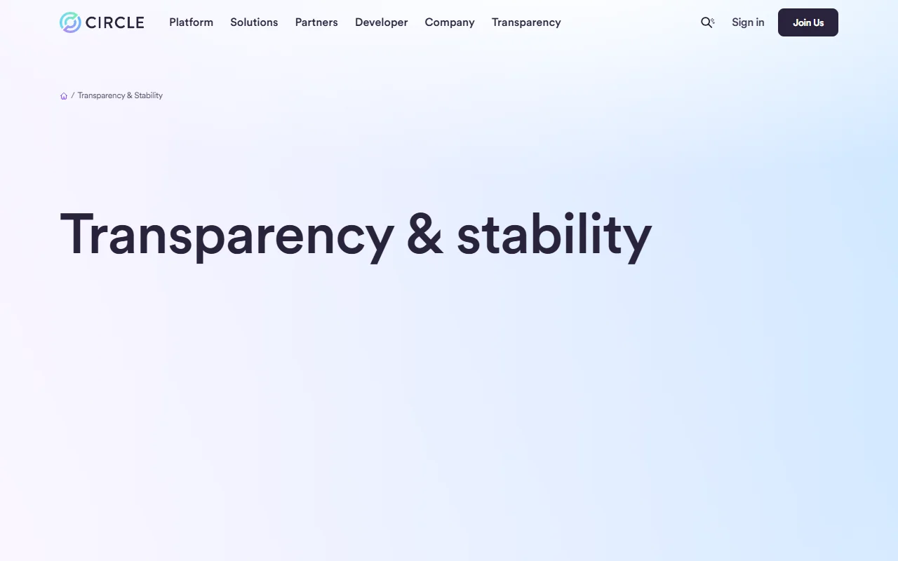 Circle 官方 Transparency & stability 頁面首屏,顯示 USDC 透明度與穩定性資料入口