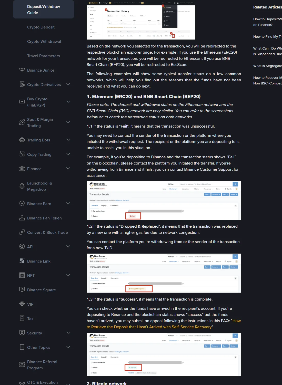 Binance 官方帮助中心的真实交易状态页面,展示 Transaction History 入口以及区块浏览器中的 Failed、Replaced、Success 示例