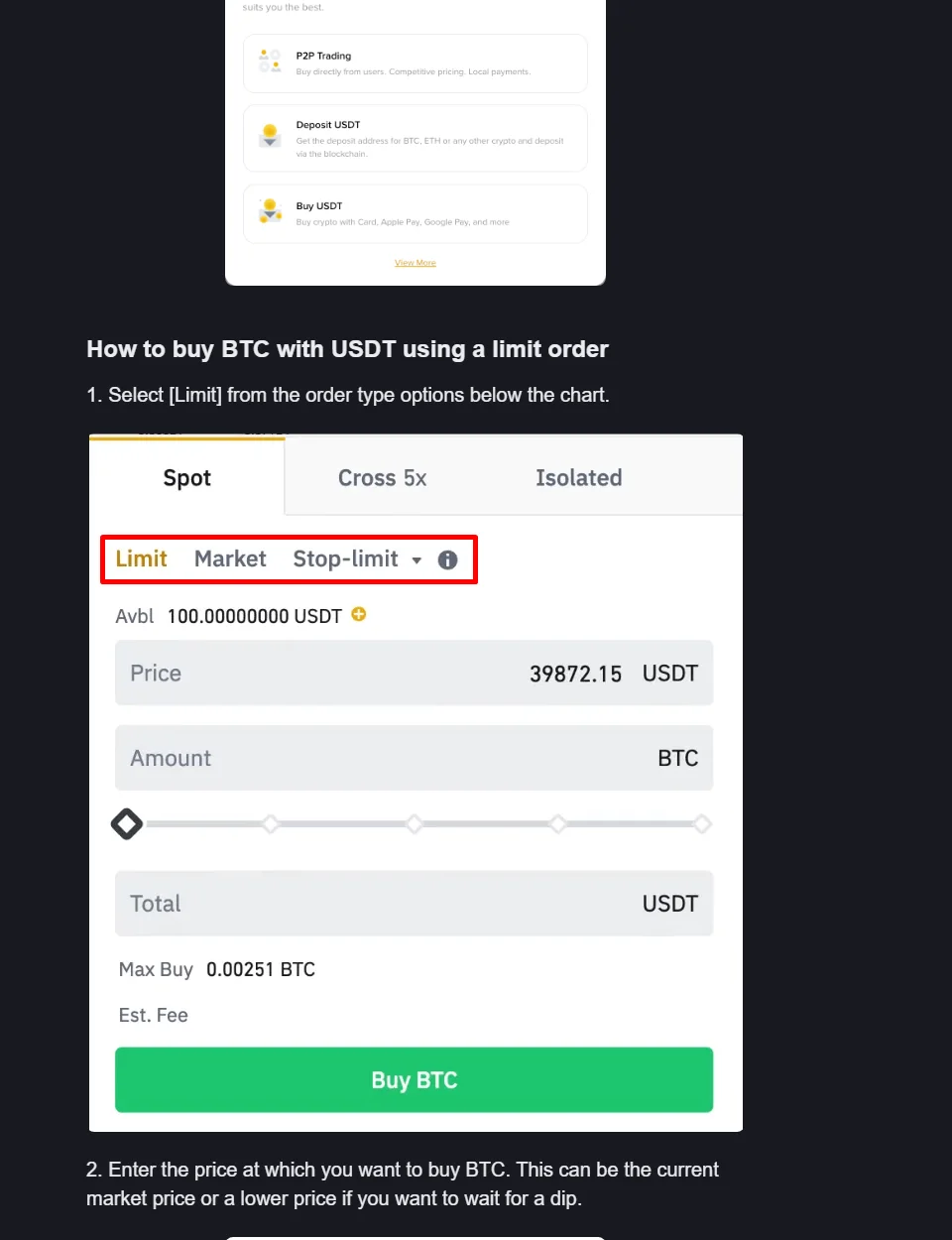 Binance 官方 Spot 指南中的 Limit 下單界面,顯示 Spot、Limit、Market、Stop-limit 選項及價格數量欄位