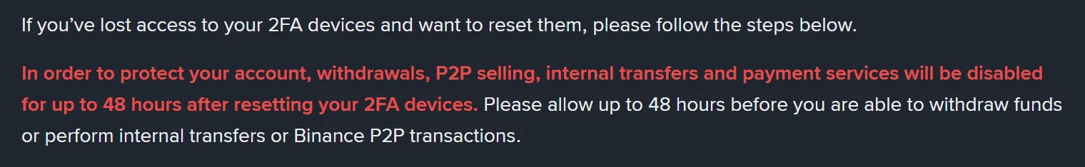 Binance-ийн 2FA reset хуудсан дахь улаан анхааруулга: reset хийсний дараа гаргалт, P2P зарах, дотоод шилжүүлэг, төлбөрийн үйлчилгээ 48 хүртэл цаг хаагдана