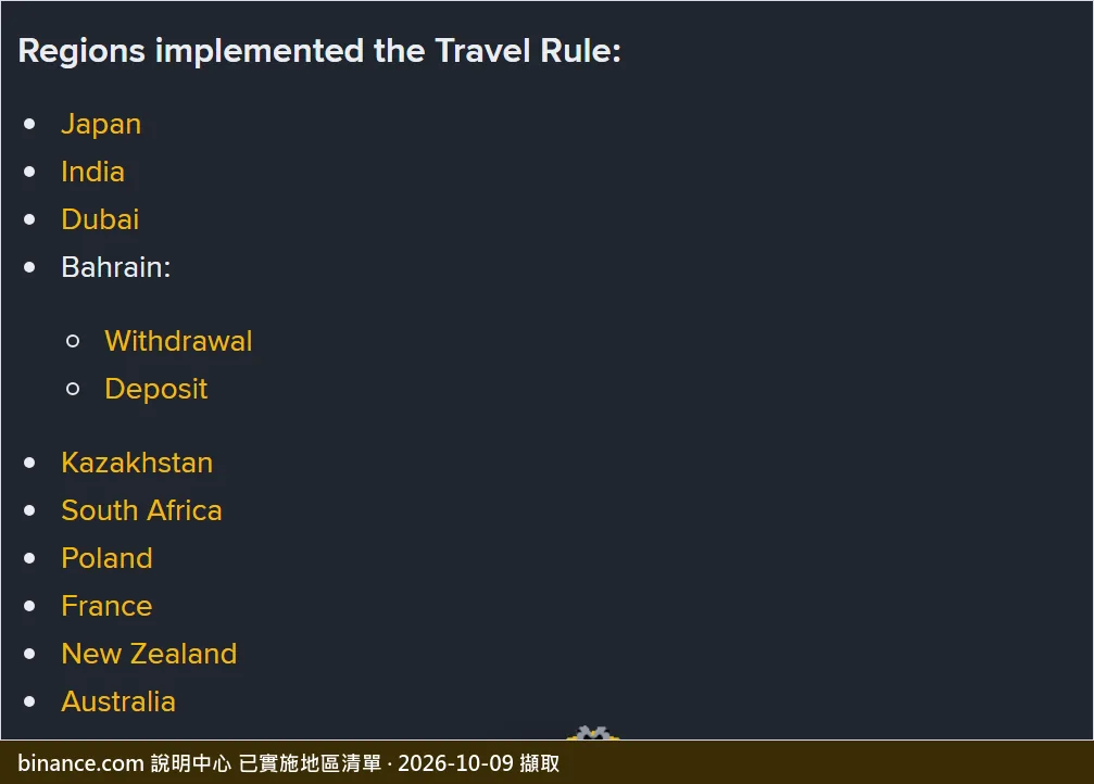 幣安說明中心同一頁的「Regions implemented the Travel Rule」清單，依序列出 Japan、India、Dubai、Bahrain（分為 Withdrawal 與 Deposit）、Kazakhstan、South Africa、Poland、France、New Zealand、Australia，清單中沒有台灣