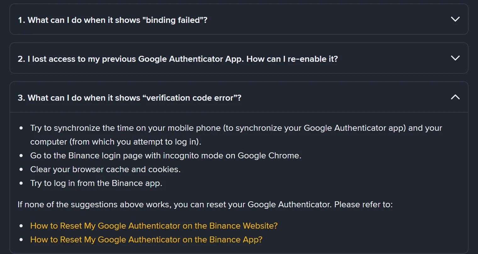 Binance-ийн албан ёсны FAQ-д «verification code error» гарсан үед хийх дөрвөн алхмыг жагсаасан хэсэг