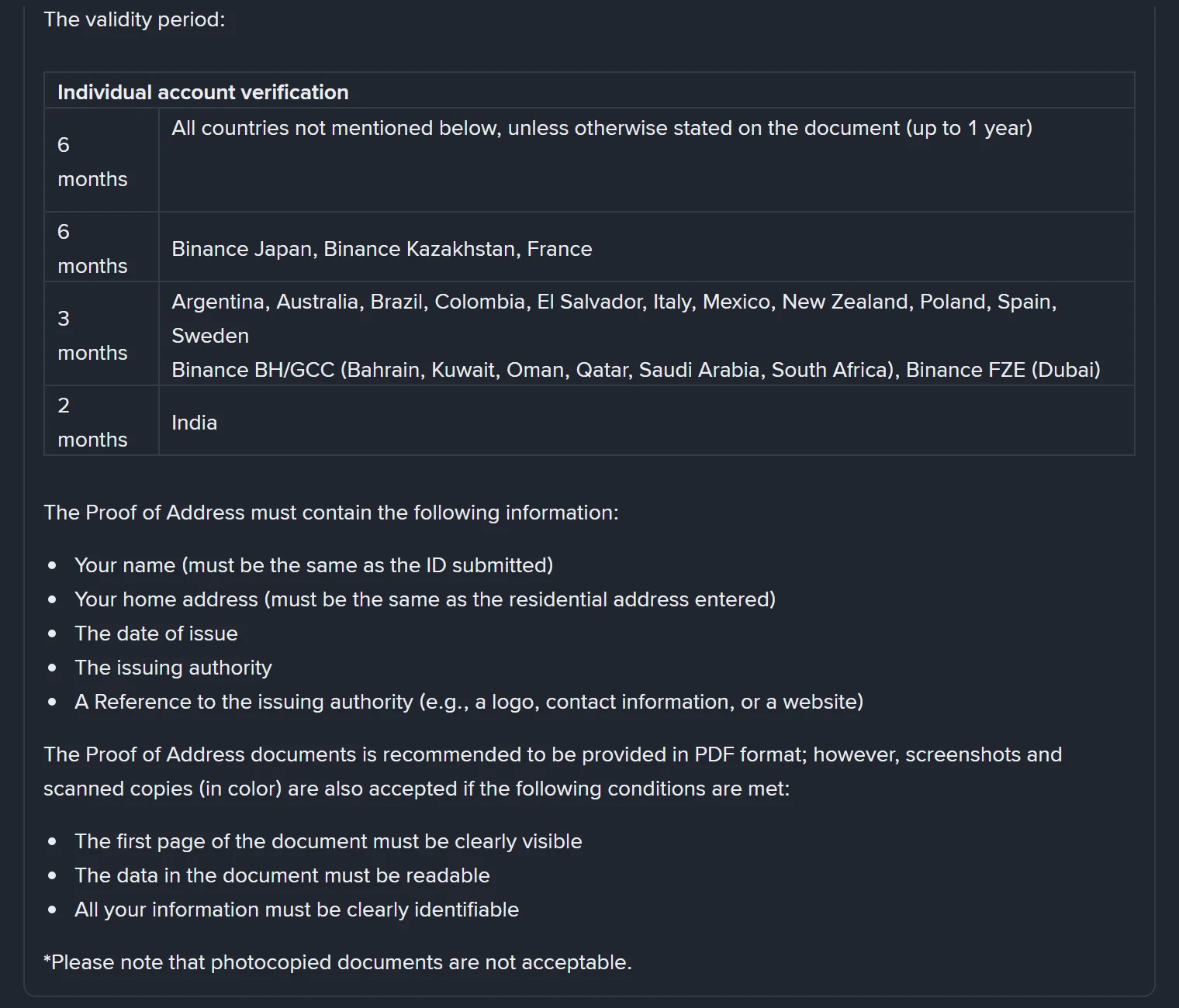 Binance હેલ્પ પાના પરનું validity period કોષ્ટક, જેમાં છેલ્લી હરોળમાં “2 months — India” લખેલું છે, અને નીચે POA માં કઈ પાંચ માહિતી હોવી જોઈએ તેની યાદી