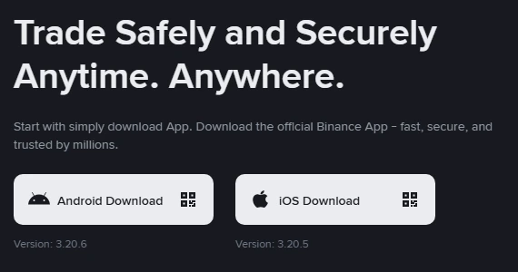 Binance ના સત્તાવાર download પેજનો સ્ક્રીનશોટ: Android Download અને iOS Download બટન, નીચે Version 3.20.6 અને Version 3.20.5