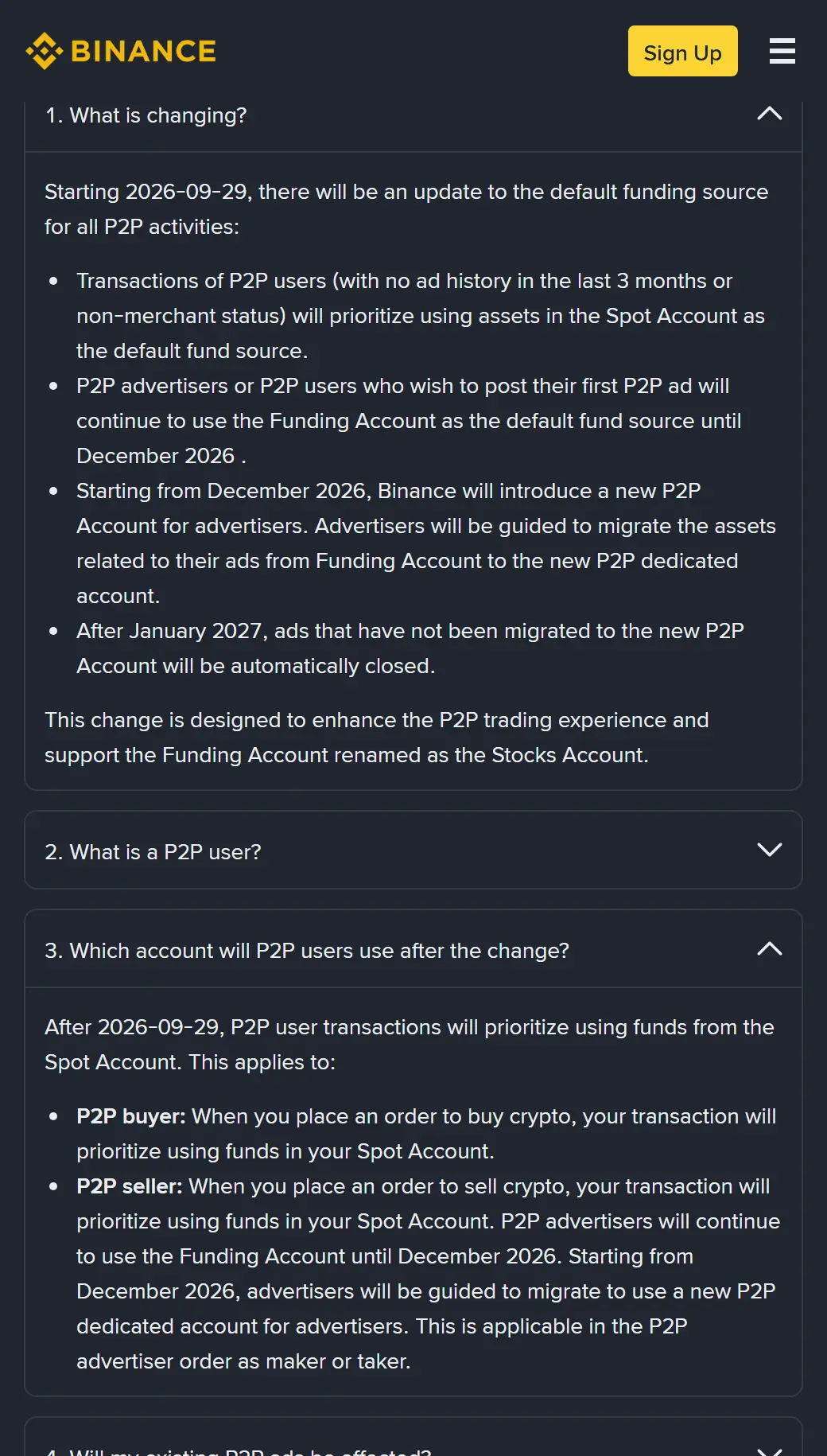 Binance-ийн албан ёсны FAQ-ийн P2P хэсэг: 2026-09-29-өөс P2P хэрэглэгчийн захиалга Spot дансны хөрөнгийг эхэлж ашиглана гэж бичсэн
