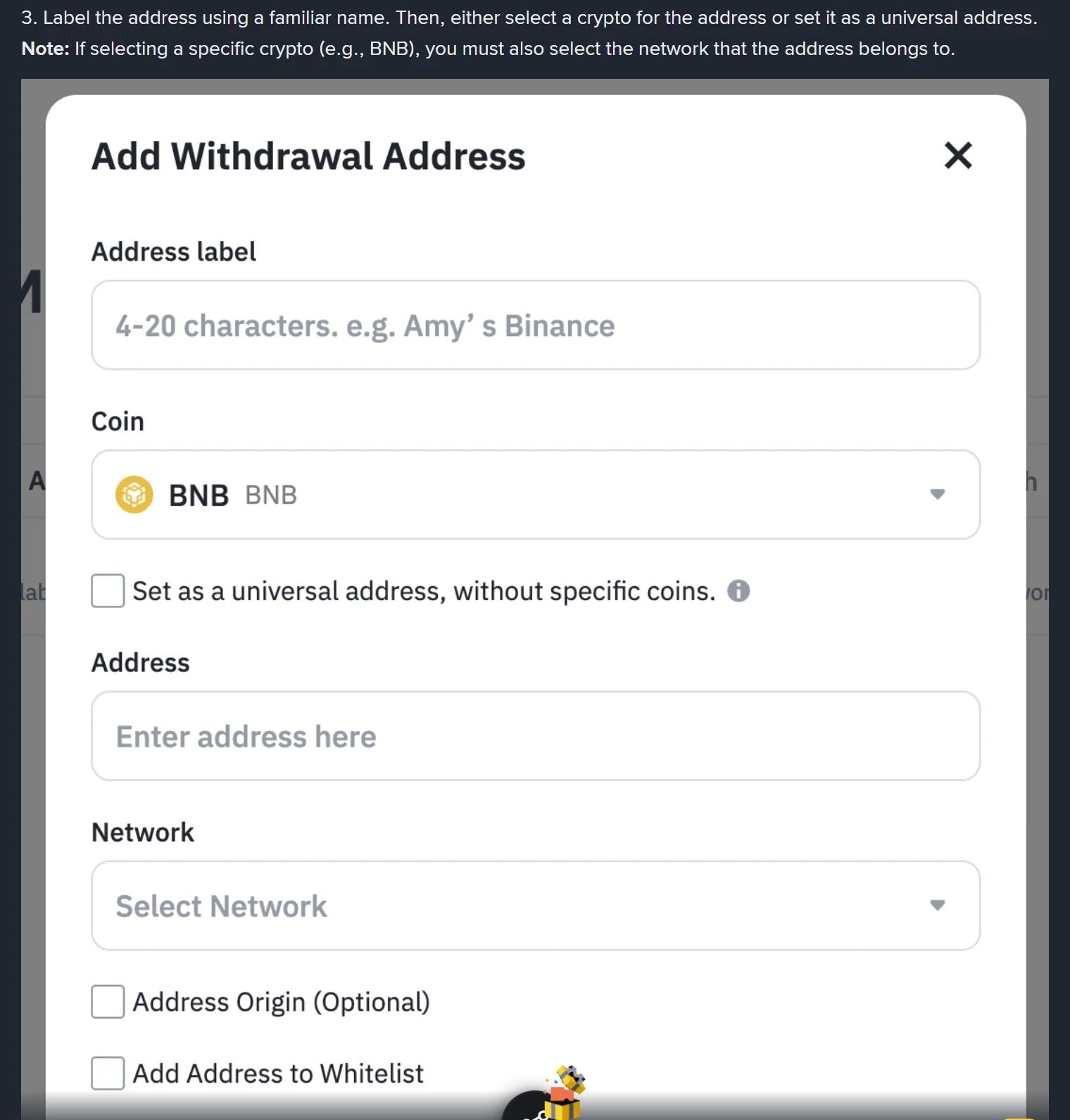 Binance નું Add Withdrawal Address ફોર્મ: Address label (4-20 characters), Coin, universal address નું ચેકબોક્સ, Address, Network, Address Origin (Optional) અને Add Address to Whitelist