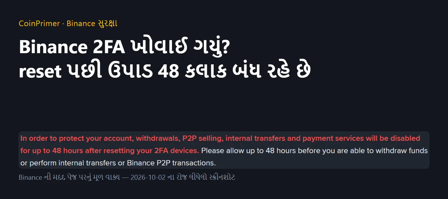 Binance 2FA કોડ ન ચાલે કે ફોન ખોવાઈ જાય તો શું કરવું? ત્રણ પરિસ્થિતિ અને 48 કલાકની ઉપાડ રોક