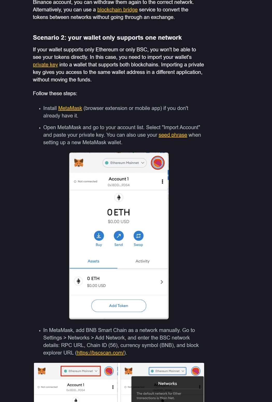 Binance Academy 官方錯網路找回指南中的真實錢包畫面,示範在自託管錢包查看網路與資產;畫面為官方教學示例,非本站帳戶