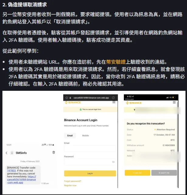Binance 官方 FAQ「偽造提領取消請求」範例截圖：假簡訊附上 cancel 開頭的仿冒網址，接著是仿冒的 Binance 登入頁與「你是否認得這筆交易」頁面；本站已模糊處理範例中的人名與錢包地址