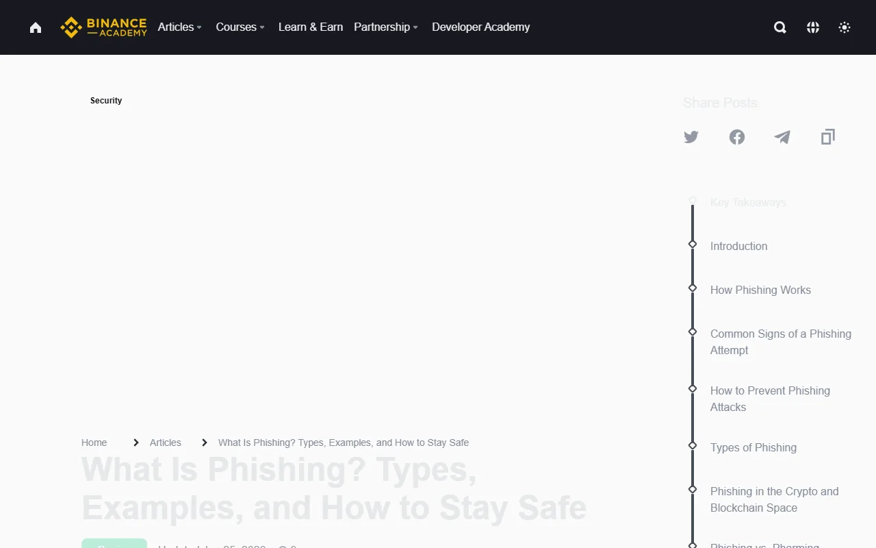 Binance Academy 官方 What Is Phishing 頁面真實截圖，畫面顯示 Security 分類、文章標題與釣魚防護章節目錄