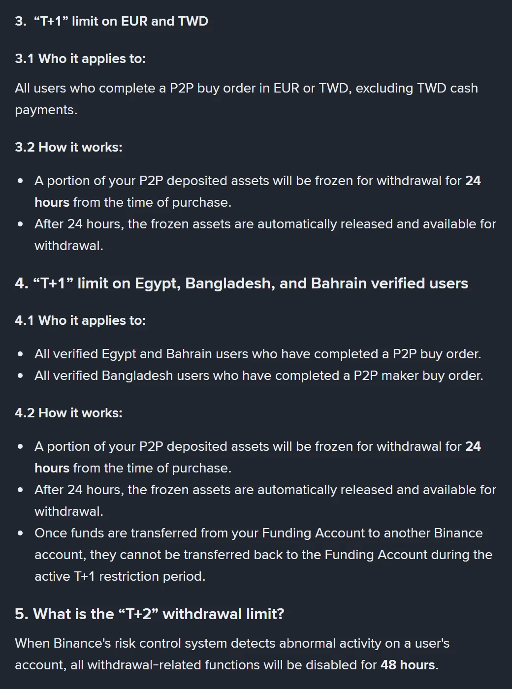 Binance હેલ્પ પાનાનો “T+1” અને “T+2” ઉપાડ મર્યાદાનો વિભાગ: EUR/TWD તથા Egypt, Bangladesh અને Bahrain ના વપરાશકર્તા માટે 24 કલાક, અને અસામાન્ય પ્રવૃત્તિ જણાય તો 48 કલાક