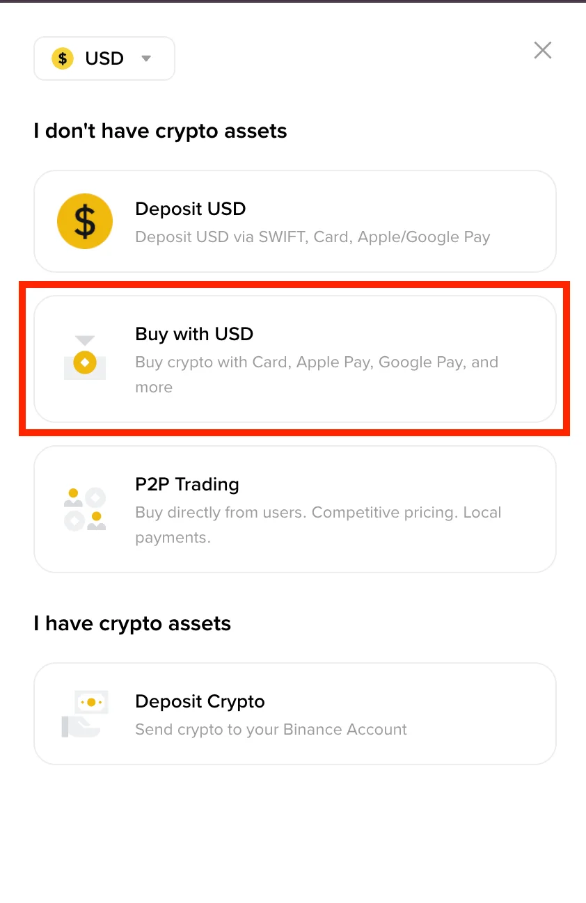 Binance-ийн албан ёсны гарын авлагын бодит дэлгэц дээр Deposit USD, Buy with USD, P2P Trading, Deposit Crypto сонголтууд харагдаж байна