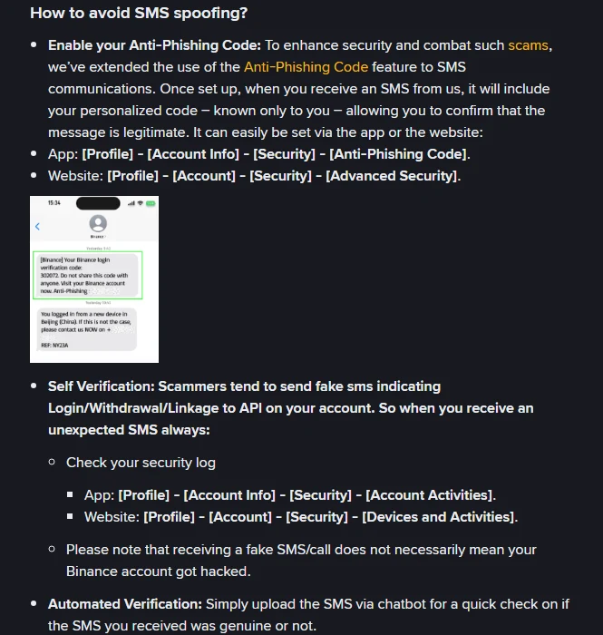 Binance-ийн албан ёсны FAQ-ийн "How to avoid SMS spoofing?" хэсгийн дэлгэцийн зураг: Anti-Phishing Code тохируулах апп болон вэб дэх зам, кодтой жинхэнэ SMS-ийн жишээ, мөн Account Activities бүртгэлээ өөрөө шалгах зам жагсаасан байна