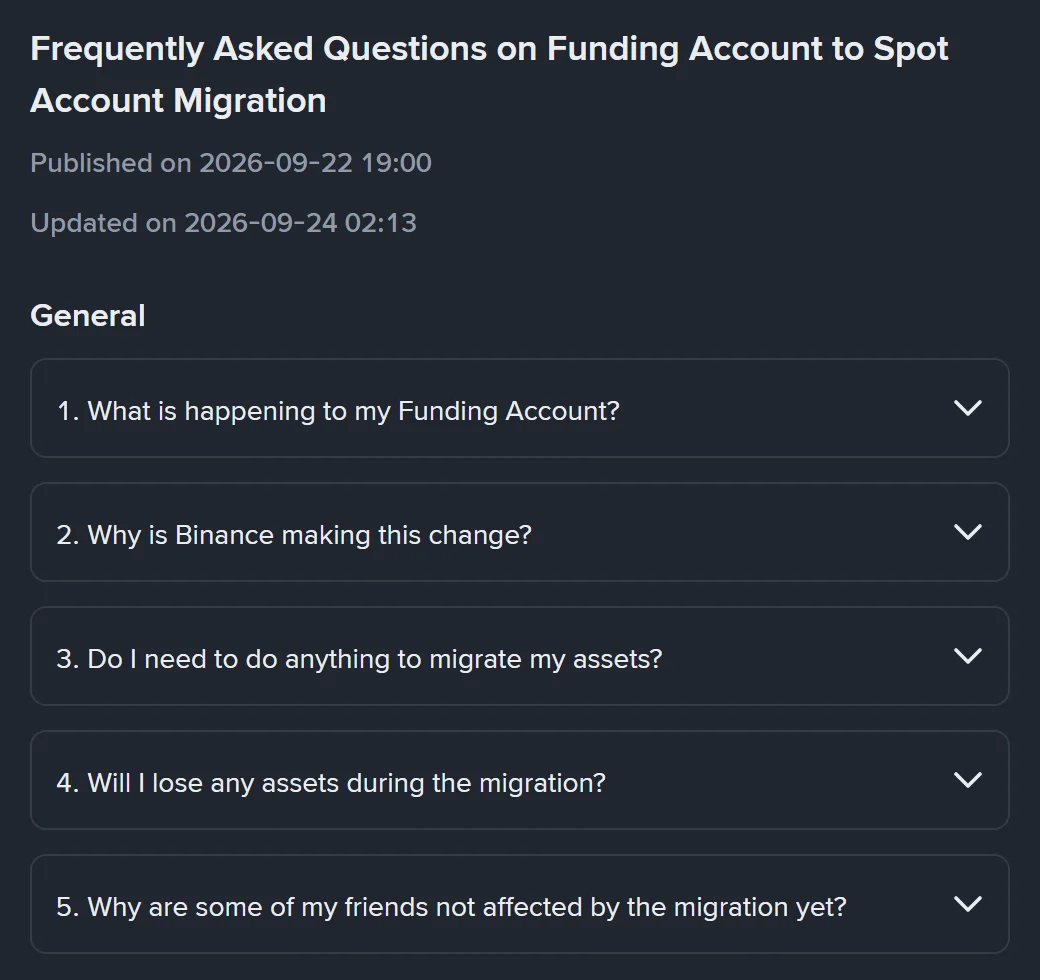 Binance હેલ્પ સેન્ટરનું પાનું “Frequently Asked Questions on Funding Account to Spot Account Migration”, જેમાં Published on 2026-09-22 અને Updated on 2026-09-24 દેખાય છે