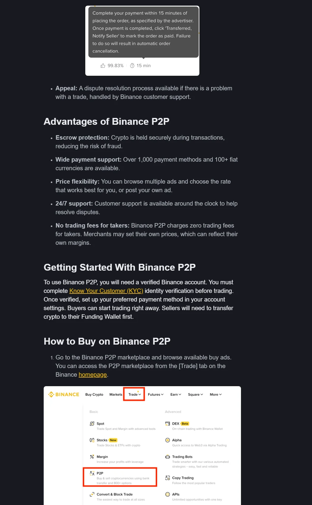 Binance Academy 2026 官方 P2P 指南中的真實網站介面，示範從 Trade 選單進入 P2P；畫面為官方教學示例，無本站帳戶資料