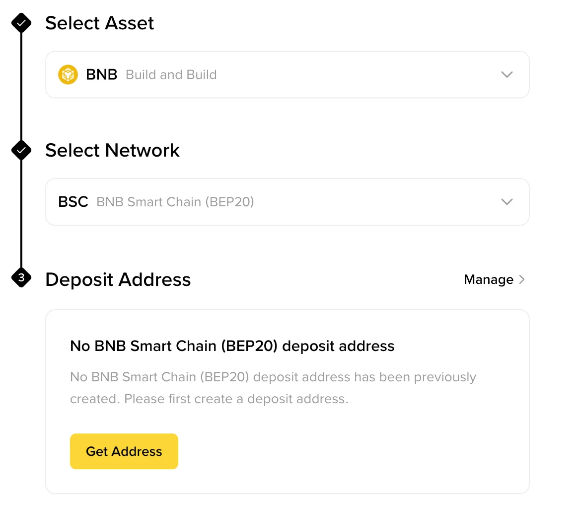 Binance-ийн албан ёсны deposit жишээнд BNB asset, BSC network болон Get Address талбарууд харагдаж байна