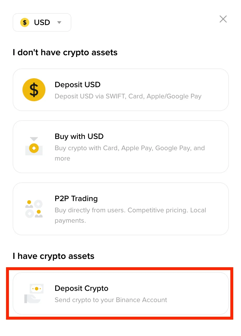 Binance-ийн албан ёсны гарын авлага дахь бодит Deposit Crypto нэвтрэх цонх