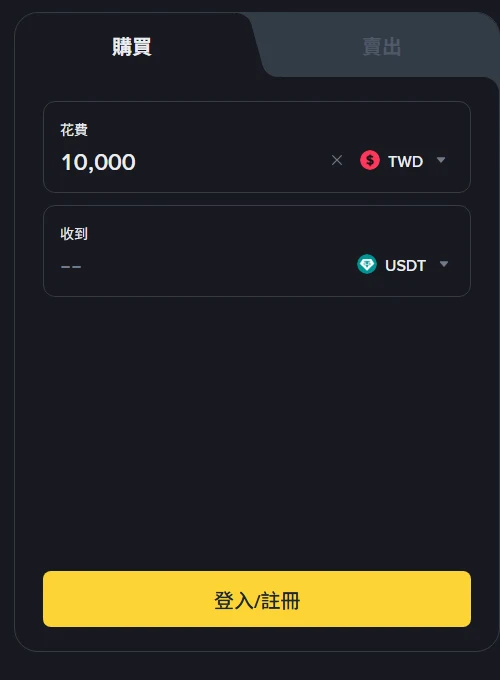 幣安「以 TWD 買入 USDT」一鍵買幣面板，花費欄位填入 10,000 TWD，收到欄位顯示「--」，底部按鈕為「登入/註冊」