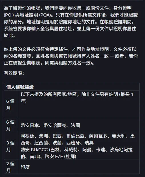 幣安說明中心繁中版「什麼是地址證明?」區塊,表格列出個人帳號驗證的地址證明有效期:6 個月適用以下未提及的所有國家與地區(除非文件另有註明,最長 1 年)、6 個月適用幣安日本與幣安哈薩克與法國、3 個月適用阿根廷等 11 國與幣安 BH/GCC 及幣安 FZE、2 個月適用印度