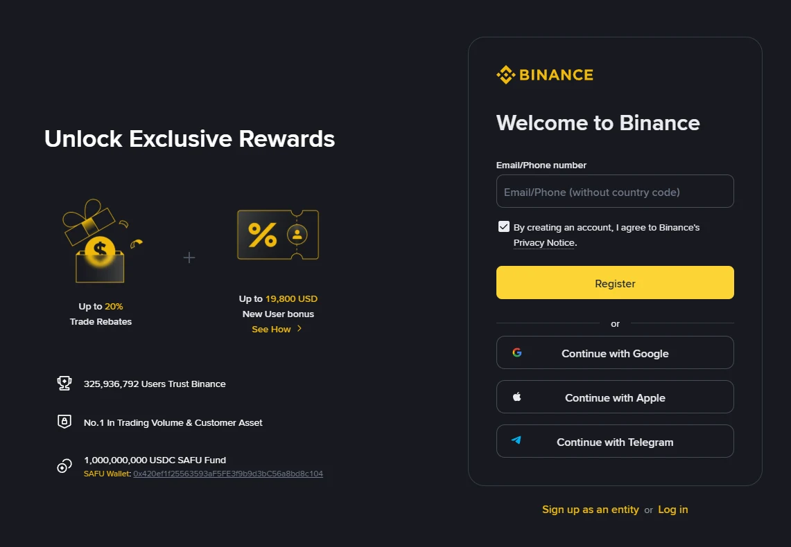 Binance-ийн бодит бүртгэлийн дэлгэц: зүүн талд Up to 20% Trade Rebates, баруун талд Email/Phone, Google, Apple болон Telegram бүртгэлийн сонголтууд