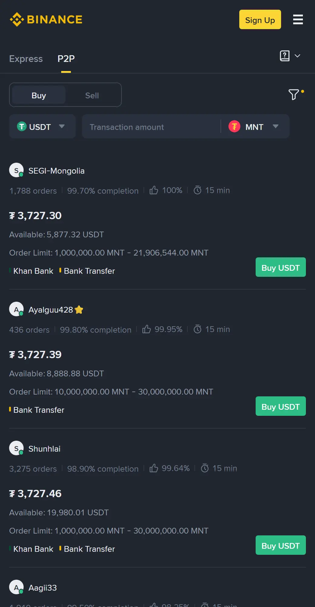 Binance P2P-ийн MNT зах зээлийн авах жагсаалт: 3,727.30-3,727.46 төгрөгийн ханш, Хаан банк, захиалгын доод дүн зэрэг мэдээлэл