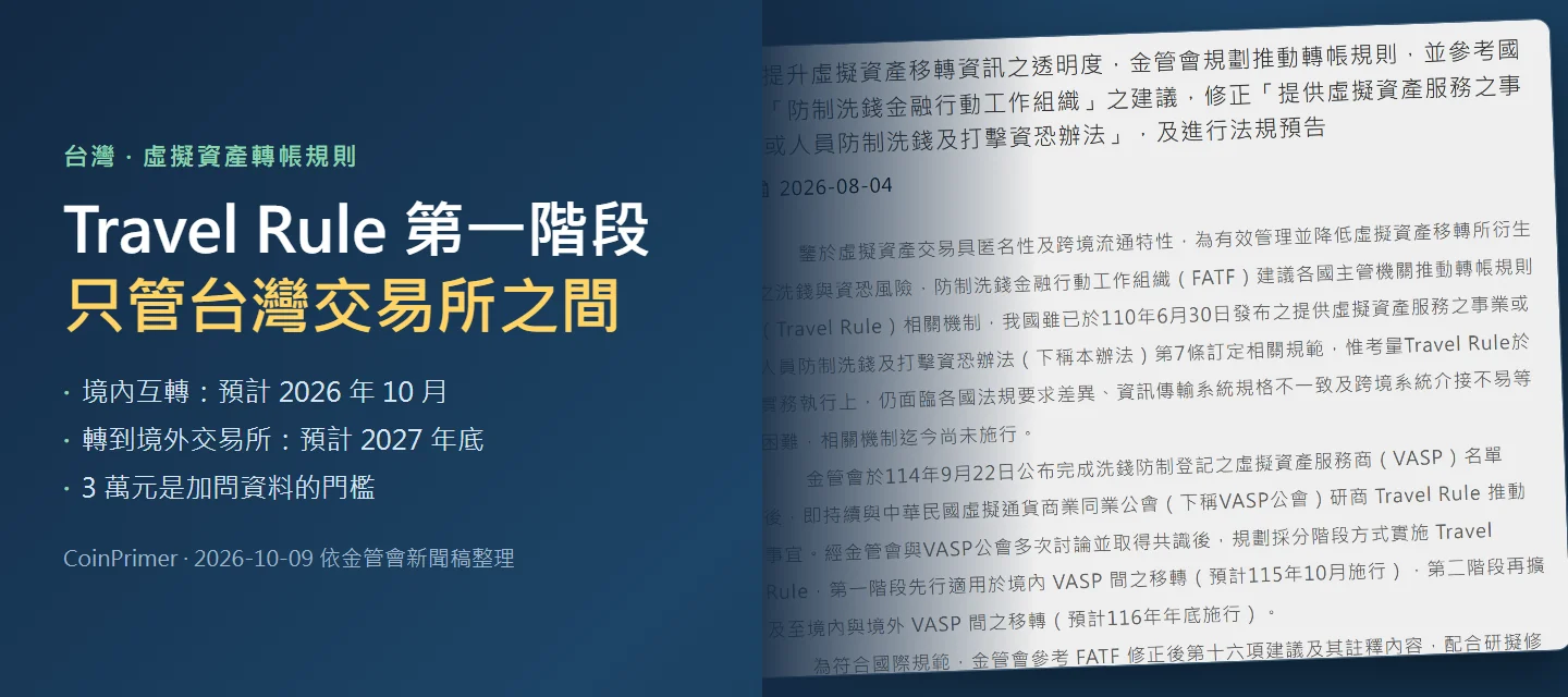 台灣 Travel Rule 第一階段只管境內互轉：提幣到幣安暫不適用，3 萬元門檻是什麼意思