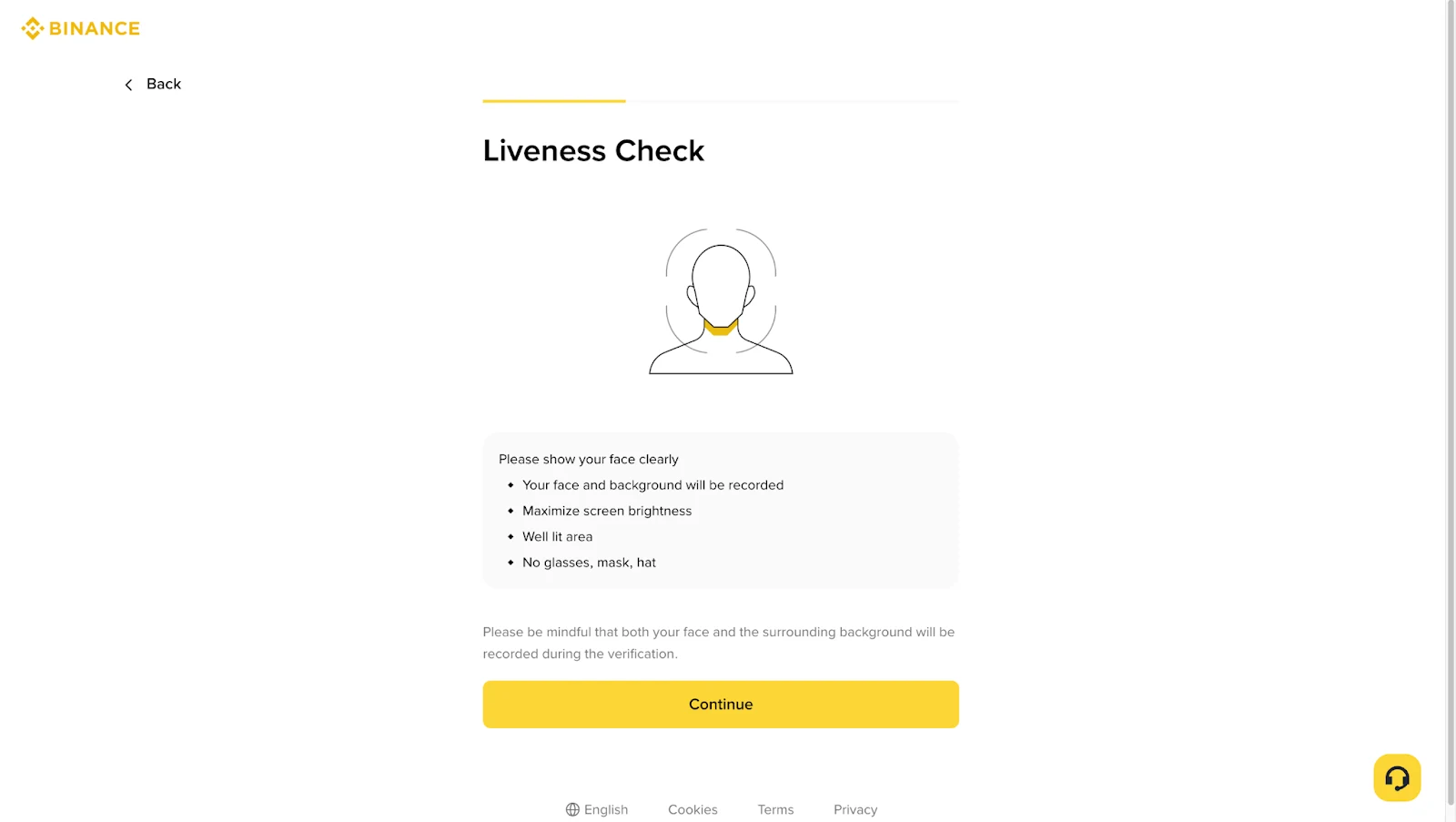 Binance-ийн official Liveness Check бодит дэлгэц clear face, screen brightness, well-lit area, no glasses, mask, hat гэж сануулж байна
