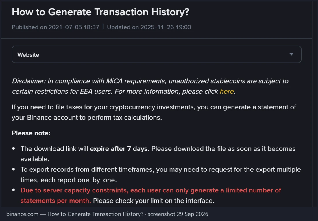 Binance ના How to Generate Transaction History મદદ પાના પર tax માટે statement કાઢવાની સૂચના અને download link 7 દિવસમાં સમાપ્ત થવાની નોંધ