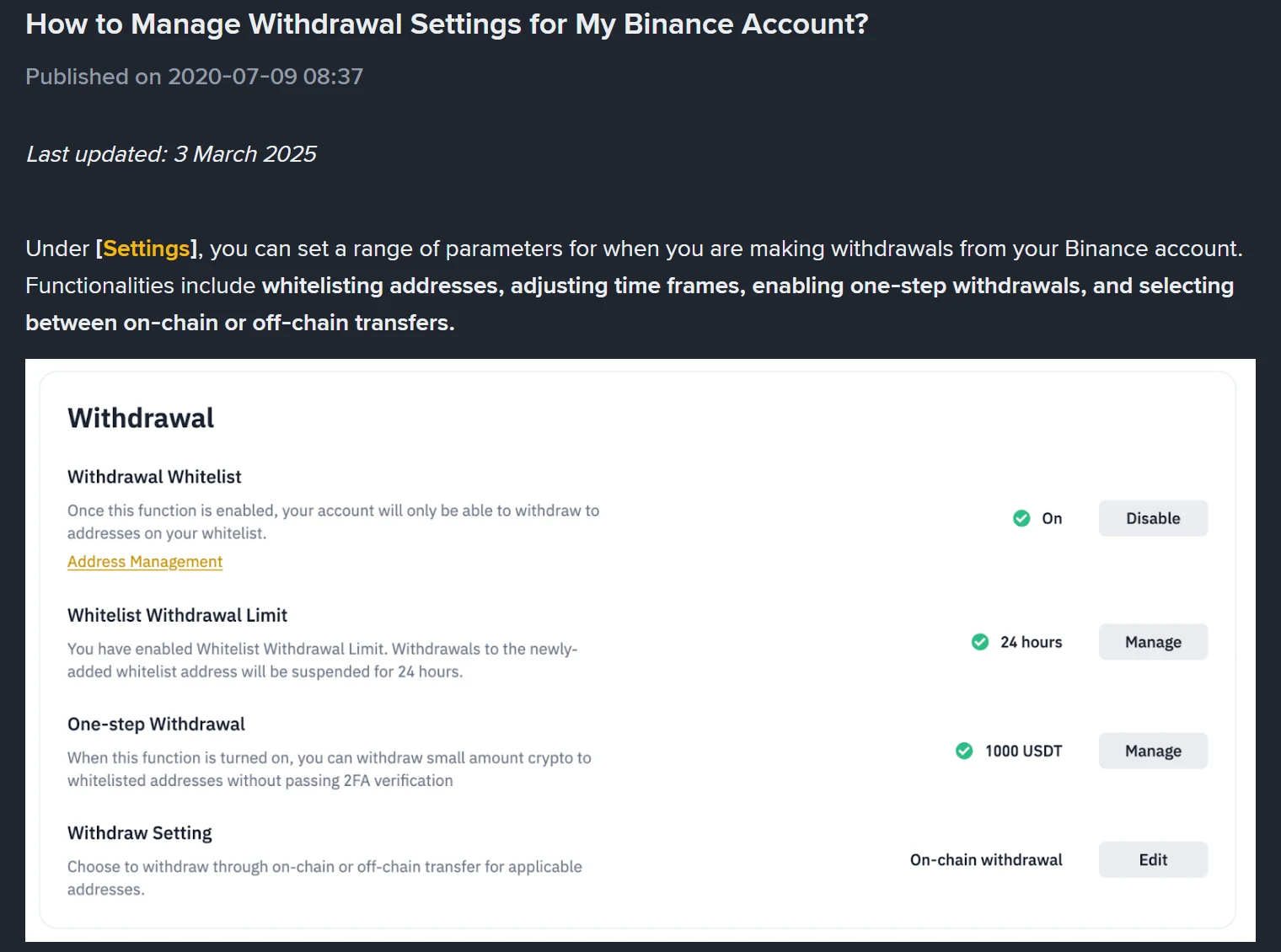 Binance ના સત્તાવાર FAQ પાના પર Withdrawal સેટિંગનો સ્ક્રીનશોટ: Withdrawal Whitelist On, Whitelist Withdrawal Limit 24 hours, One-step Withdrawal 1000 USDT અને Withdraw Setting On-chain withdrawal