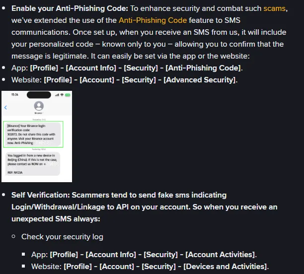 Binance FAQનો “Enable your Anti-Phishing Code” ભાગ: App અને Website setup path, અંતે Anti-Phishing code વાળા login verification SMSનું ઉદાહરણ, અને Account Activities તથા Devices and Activities માં security log તપાસવાના path