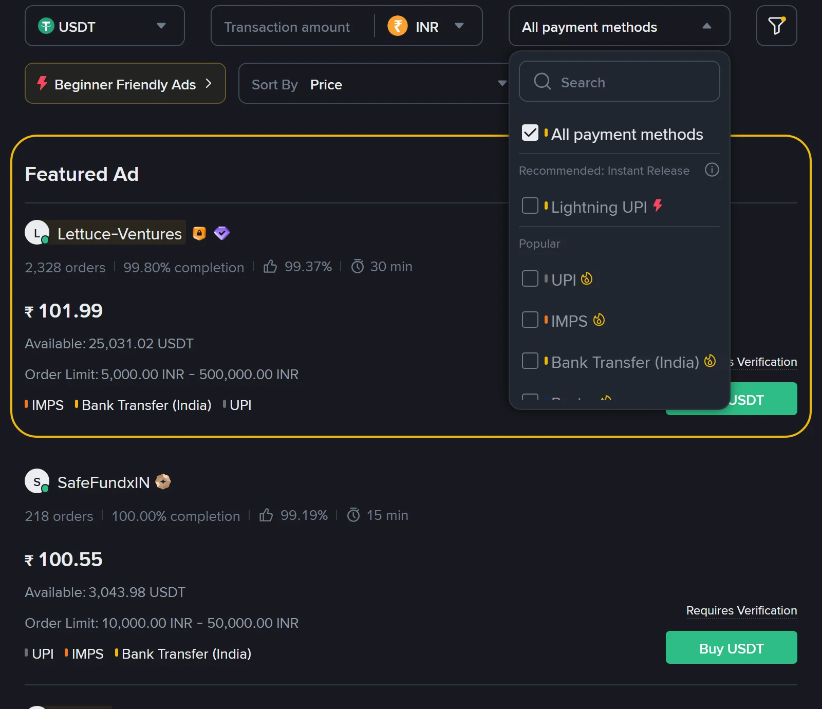 Binance P2P ની ખરીદી યાદીમાં પેમેન્ટ ફિલ્ટર ખૂલેલું — Recommended માં Lightning UPI, Popular માં UPI, IMPS, Bank Transfer (India); ઉપર પીળા ચોકઠામાં Featured Ad ₹101.99 અને તેની નીચે સામાન્ય જાહેરાત ₹100.55