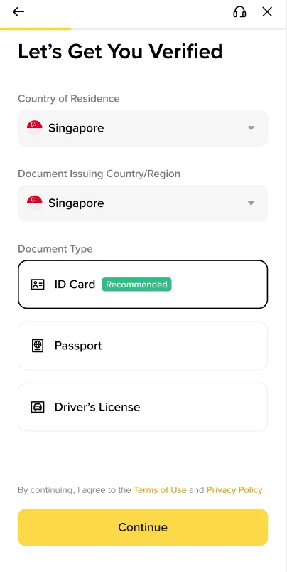 Binance-ийн албан ёсны app identity verification дэлгэц дээр Country of Residence, Document Issuing Country/Region, ID Card, Passport, Driver’s License сонголтууд харагдаж байна