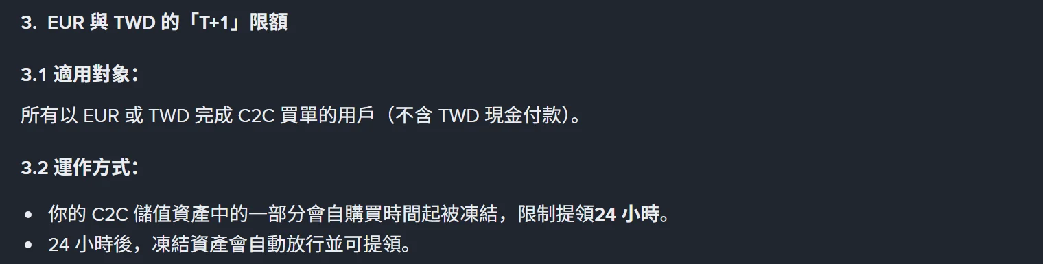 幣安官方「T+1」與「T+2」提領限額頁面第 3 節，說明所有以 EUR 或 TWD 完成 C2C 買單的用戶（不含 TWD 現金付款），C2C 儲值資產中的一部分自購買時間起被凍結、限制提領 24 小時