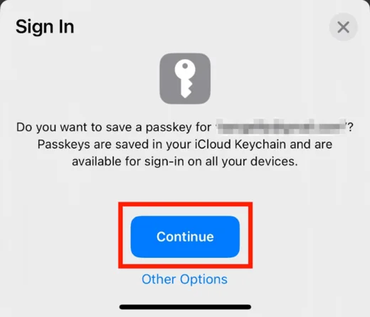 iOS 系統的 Sign In 彈窗,說明通行密鑰會儲存在 iCloud Keychain 並可在你所有裝置上用於登入,下方 Continue 按鈕以紅框標出
