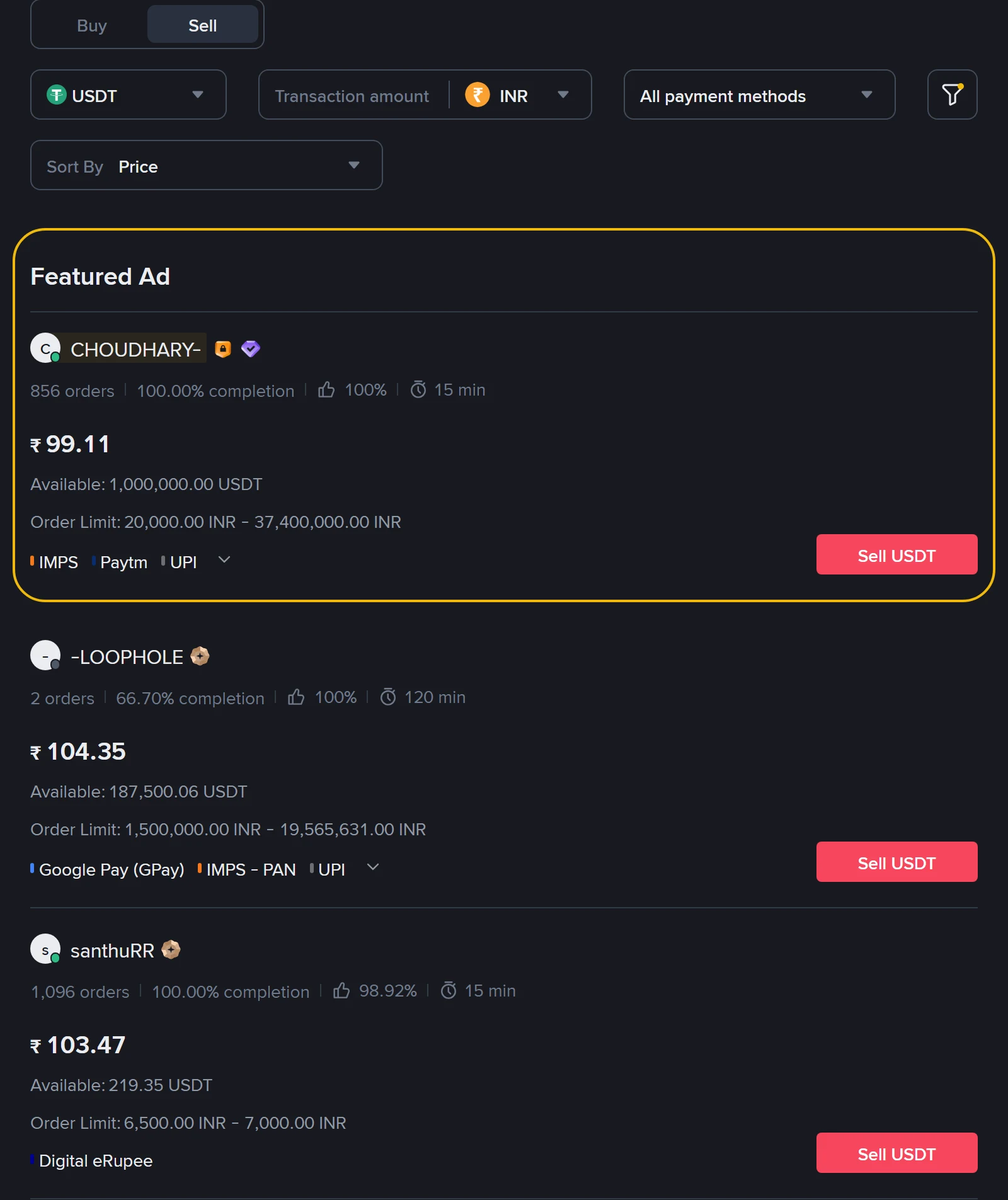 Binance P2P ની USDT/INR વેચાણ યાદી: ઉપર પીળા ચોકઠામાં Featured Ad ₹99.11 (856 ઓર્ડર, 100% completion), નીચે ₹104.35 (2 ઓર્ડર, 66.70% completion, ઓછામાં ઓછી રકમ ₹15,00,000) અને ₹103.47 (1,096 ઓર્ડર, Digital eRupee)