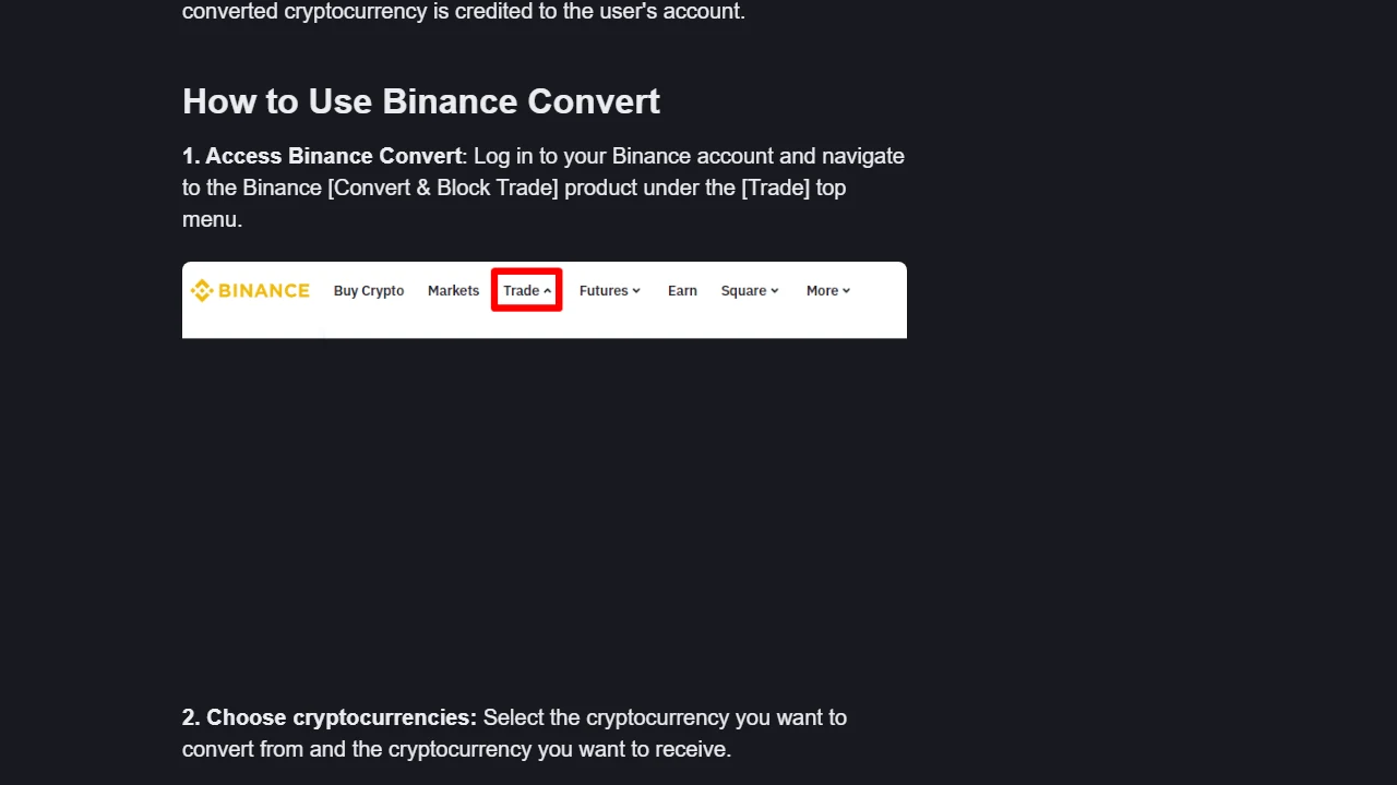 Binance Academy 官方 Convert 操作頁，畫面顯示 How to Use Binance Convert 段落與頂部 Trade 選單入口