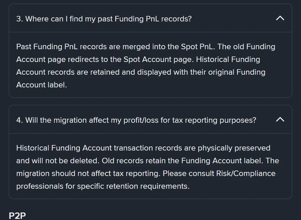 Binance હેલ્પ પાનાનો Transaction history & PnL વિભાગ: જૂના Funding રેકોર્ડ Spot માં ભળે છે, અને સત્તાવાર જવાબ કે સ્થળાંતરથી tax reporting પર અસર ન થવી જોઈએ