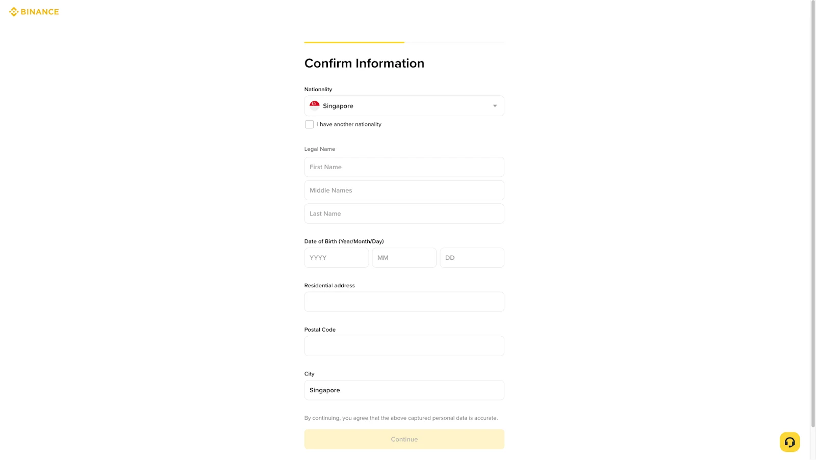 Binance official Confirm Information бодит дэлгэц дээр Nationality, Legal Name, Date of Birth, Residential Address, Postal Code талбарууд хоосон харагдаж байна