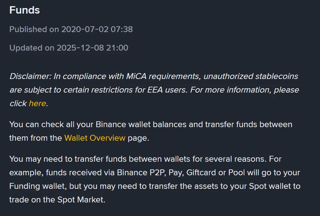 Binance હેલ્પ પાનું “How to Check My Binance Wallet Balances and Transfer Funds”, Published on 2020-07-02 અને Updated on 2025-12-08, જેમાં હજુ લખ્યું છે કે P2P, Pay, Giftcard કે Pool થી મળેલી રકમ Funding wallet માં જાય છે